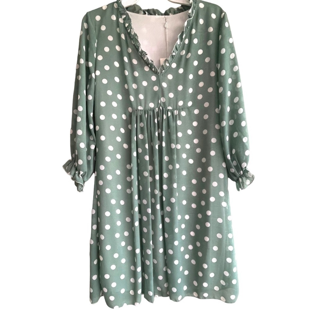 Cloe Italy Green Cream Polka Dot Chiffon Babydoll Ankle Dress NWT Mini